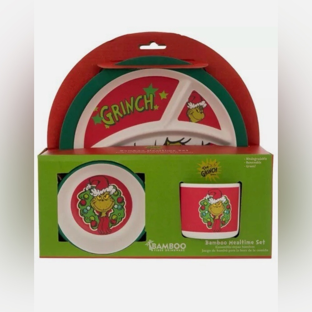NEW IN BOX Grinch 3 pc Bamboo set. Holiday Dr.Seuss set